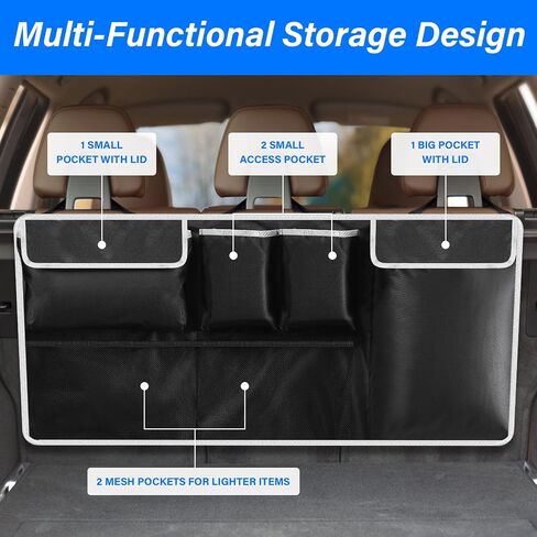 Trunk Organizer for Car Suv Truck Van, Hanging Car Trunk Organizer, Car Organizers and Storage with 6 Pockets and 2 hooks, Hanging Trunk Organizer Upgraded Reinforced Double Stitching Process in Saudi Arabia