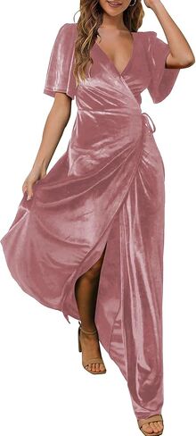 Women's Wrap Velvet Maxi Dress V Neck Bell Sleeve Split Elegant Cocktail Party Dress in Saudi Arabia