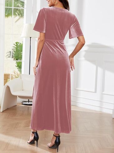 Women's Wrap Velvet Maxi Dress V Neck Bell Sleeve Split Elegant Cocktail Party Dress in Saudi Arabia