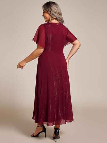 Ever-Pretty Plus Women's V Neck Pleated Plus Size Short Sleeves A Line Midi Semi Formal Dresses 02131-DA in Saudi Arabia