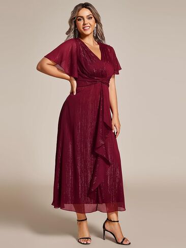 Ever-Pretty Plus Women's V Neck Pleated Plus Size Short Sleeves A Line Midi Semi Formal Dresses 02131-DA in Saudi Arabia