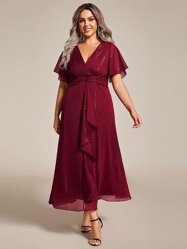 Ever-Pretty Plus Women's V Neck Pleated Plus Size Short Sleeves A Line Midi Semi Formal Dresses 02131-DA in Saudi Arabia