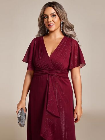 Ever-Pretty Plus Women's V Neck Pleated Plus Size Short Sleeves A Line Midi Semi Formal Dresses 02131-DA in Saudi Arabia