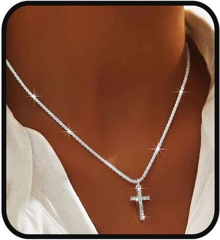 Yalice 925 Sterling Silver Sparkly Necklace Layered Dainty Chain Necklace Silver Cross Pendant Paperclip Necklaces Waterproof Minimalist Jewelry Gifts in Saudi Arabia