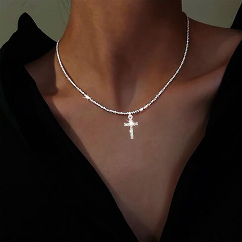 Yalice 925 Sterling Silver Sparkly Necklace Layered Dainty Chain Necklace Silver Cross Pendant Paperclip Necklaces Waterproof Minimalist Jewelry Gifts in Saudi Arabia