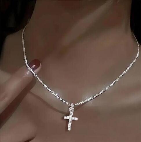Yalice 925 Sterling Silver Sparkly Necklace Layered Dainty Chain Necklace Silver Cross Pendant Paperclip Necklaces Waterproof Minimalist Jewelry Gifts in Saudi Arabia