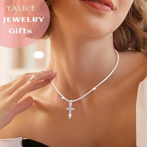 Yalice 925 Sterling Silver Sparkly Necklace Layered Dainty Chain Necklace Silver Cross Pendant Paperclip Necklaces Waterproof Minimalist Jewelry Gifts in Saudi Arabia