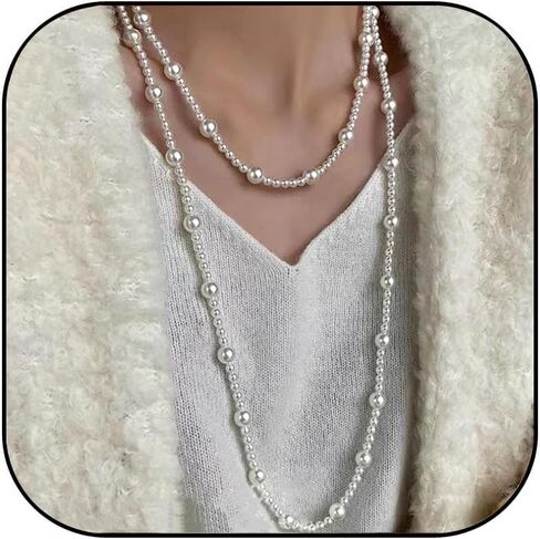 Long Pearl Necklaces for Women 1920s Fashion Faux Pearl Necklace Vintage Layered Pearl Necklaces Pearl Chain Necklace 1920s Bridal Wedding Party Costume Jewelry in Kuwait