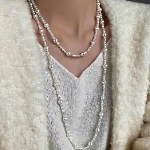 Long Pearl Necklaces for Women 1920s Fashion Faux Pearl Necklace Vintage Layered Pearl Necklaces Pearl Chain Necklace 1920s Bridal Wedding Party Costume Jewelry in Kuwait