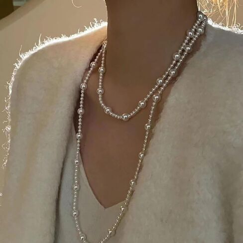 Long Pearl Necklaces for Women 1920s Fashion Faux Pearl Necklace Vintage Layered Pearl Necklaces Pearl Chain Necklace 1920s Bridal Wedding Party Costume Jewelry in Kuwait