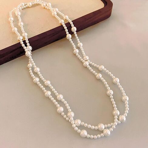 Long Pearl Necklaces for Women 1920s Fashion Faux Pearl Necklace Vintage Layered Pearl Necklaces Pearl Chain Necklace 1920s Bridal Wedding Party Costume Jewelry in Kuwait