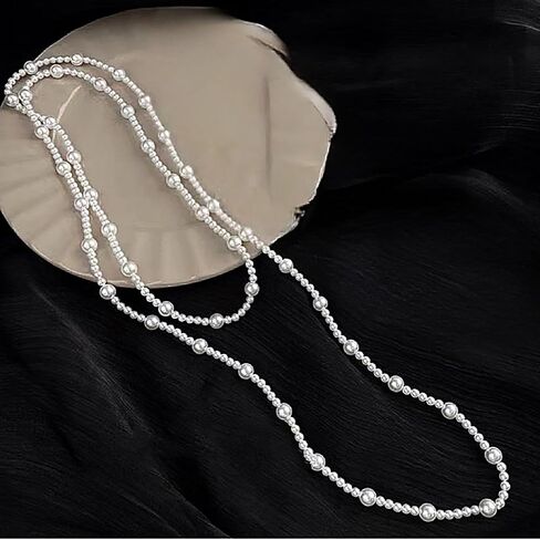 Long Pearl Necklaces for Women 1920s Fashion Faux Pearl Necklace Vintage Layered Pearl Necklaces Pearl Chain Necklace 1920s Bridal Wedding Party Costume Jewelry in Kuwait