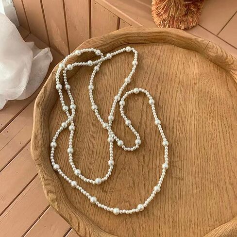 Long Pearl Necklaces for Women 1920s Fashion Faux Pearl Necklace Vintage Layered Pearl Necklaces Pearl Chain Necklace 1920s Bridal Wedding Party Costume Jewelry in Kuwait