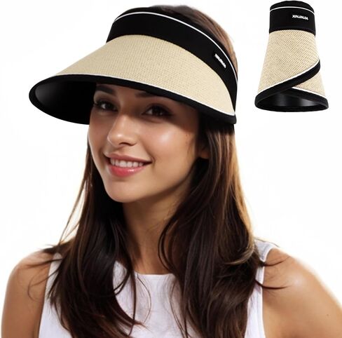 Women Straw Sun Visor Hat - UV Protection Wide Brim Roll Up Summer Hat Foldable Outdoor in Saudi Arabia