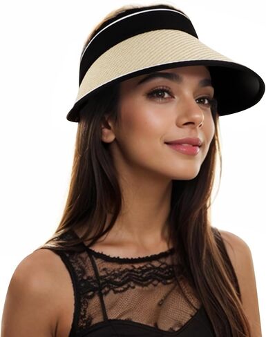 Women Straw Sun Visor Hat - UV Protection Wide Brim Roll Up Summer Hat Foldable Outdoor in Saudi Arabia