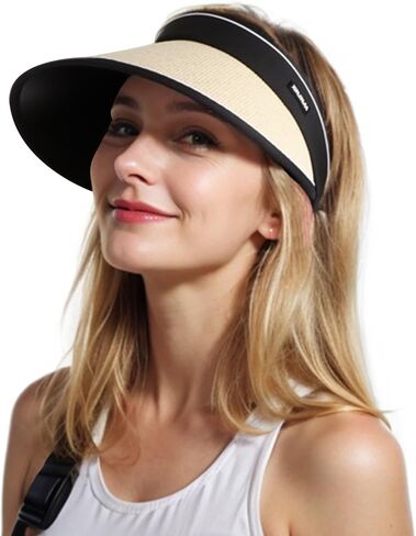 Women Straw Sun Visor Hat - UV Protection Wide Brim Roll Up Summer Hat Foldable Outdoor in Saudi Arabia