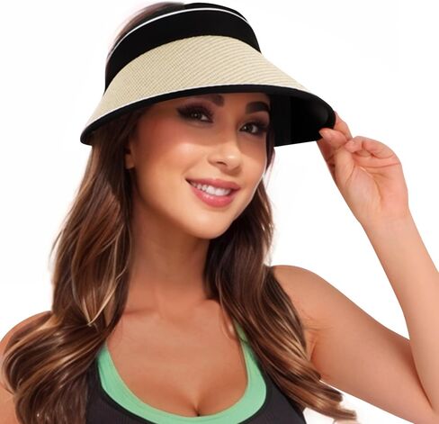 Women Straw Sun Visor Hat - UV Protection Wide Brim Roll Up Summer Hat Foldable Outdoor in Saudi Arabia