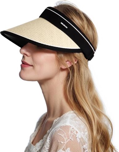 Women Straw Sun Visor Hat - UV Protection Wide Brim Roll Up Summer Hat Foldable Outdoor in Saudi Arabia