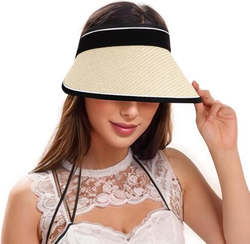 Women Straw Sun Visor Hat - UV Protection Wide Brim Roll Up Summer Hat Foldable Outdoor in Saudi Arabia