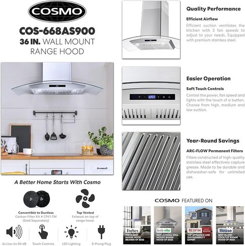 COSMO 668AS900 Wall Mount Range Hood with 380 CFM, Ducted Exhaust Vent, 3 Speeds, Tempered Glass Hood, LCD Display Touch Control Panel in Stainless Steel (36 inch) in Saudi Arabia