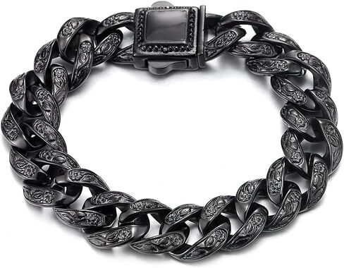 Chunky Heavy Mens Stainless Steel Curb Chain Bracelet 8.66 Inches Old Metal Finishing Silver and Black in Saudi Arabia