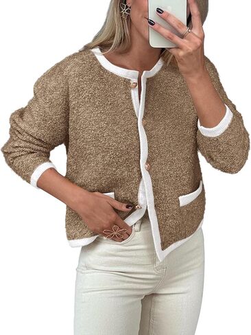 Okiwam Women's Cardigan Sweaters 2024 Trendy Button Down Cardigan Crewneck Contrast Colors Fall Outerwear Clothes in Saudi Arabia