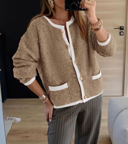 Okiwam Women's Cardigan Sweaters 2024 Trendy Button Down Cardigan Crewneck Contrast Colors Fall Outerwear Clothes in Saudi Arabia