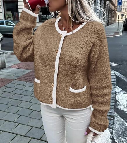 Okiwam Women's Cardigan Sweaters 2024 Trendy Button Down Cardigan Crewneck Contrast Colors Fall Outerwear Clothes in Saudi Arabia