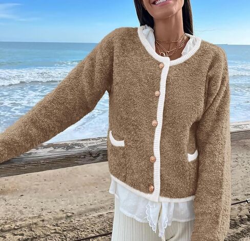 Okiwam Women's Cardigan Sweaters 2024 Trendy Button Down Cardigan Crewneck Contrast Colors Fall Outerwear Clothes in Saudi Arabia
