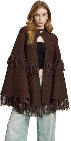 BEAUZSUZSANA Women Wool Blend Cape Poncho Shawl Knitted Cardigans with Button Tassel in Saudi Arabia