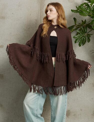 BEAUZSUZSANA Women Wool Blend Cape Poncho Shawl Knitted Cardigans with Button Tassel in Saudi Arabia