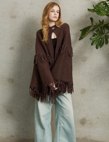 BEAUZSUZSANA Women Wool Blend Cape Poncho Shawl Knitted Cardigans with Button Tassel in Saudi Arabia