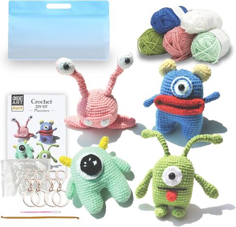 طقم كروشيه مكون من 4 قطع للأطفال البالغين، طقم وحش الكروشيه للمبتدئين، طقم حياكة للمبتدئين من الكروشيه مع تعليمات خطوة بخطوة، مجموعة هدايا لصنع سلسلة مفاتيح من الوحوش in Kuwait