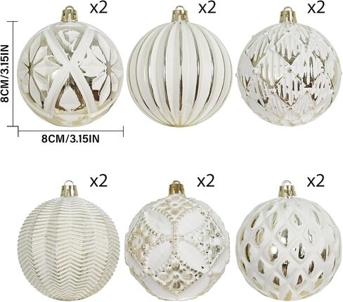 XmasExp Vintage Rustic Christmas Ball Ornaments Sets Farmhouse Distressed Christmas Tree Decorations Shatterproof Antique Traditional Style Xmas Hanging Ornaments （White Gold, 12Pcs in Saudi Arabia