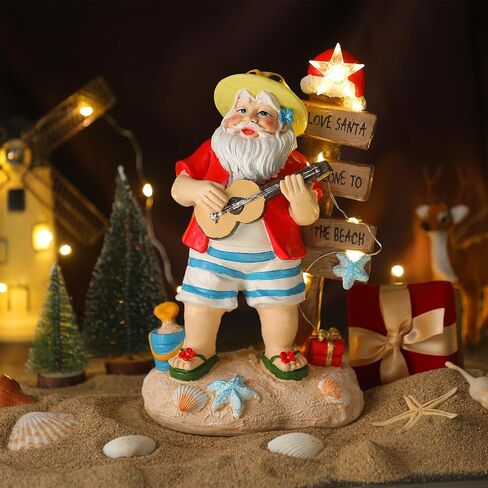 Lighted Christmas Beach Santa Decorations LED Dreams Santa Claus by The Sea Seaside Christmas Tabletop Figurines Collectibles Resin Table Statues Centerpiece Xmas Gift Party Home Decor (Chair) in Saudi Arabia