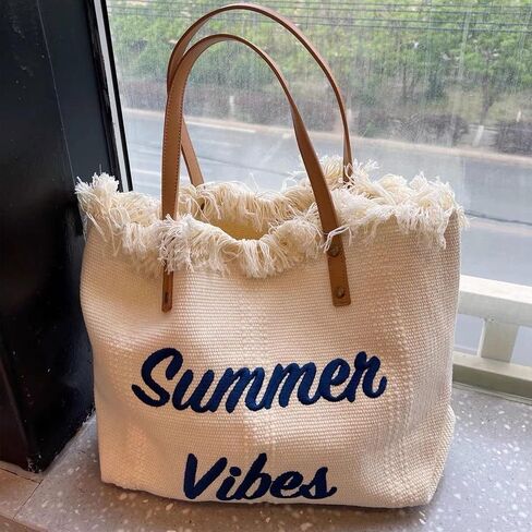 Rong Shop Women Large Beach Canvas Tote Bag Summer Vibes Beach Bag Big Capacity Tassel Handbag in Saudi Arabia