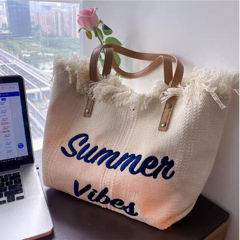 Rong Shop Women Large Beach Canvas Tote Bag Summer Vibes Beach Bag Big Capacity Tassel Handbag in Saudi Arabia