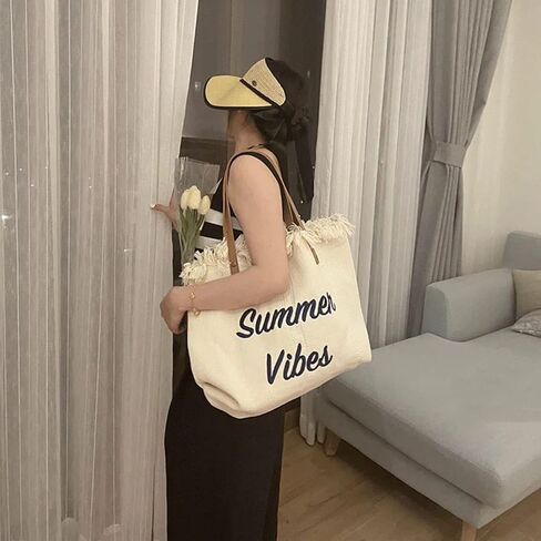 Rong Shop Women Large Beach Canvas Tote Bag Summer Vibes Beach Bag Big Capacity Tassel Handbag in Saudi Arabia