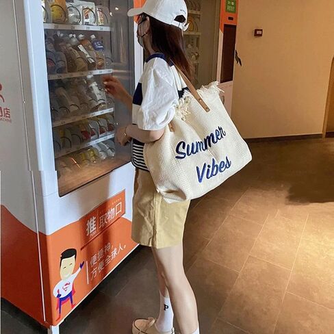 Rong Shop Women Large Beach Canvas Tote Bag Summer Vibes Beach Bag Big Capacity Tassel Handbag in Saudi Arabia