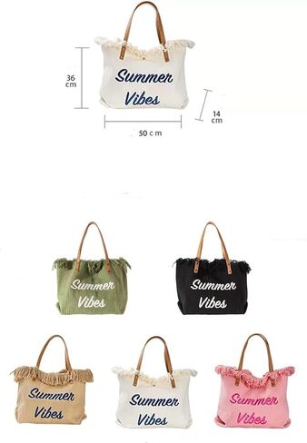 Rong Shop Women Large Beach Canvas Tote Bag Summer Vibes Beach Bag Big Capacity Tassel Handbag in Saudi Arabia