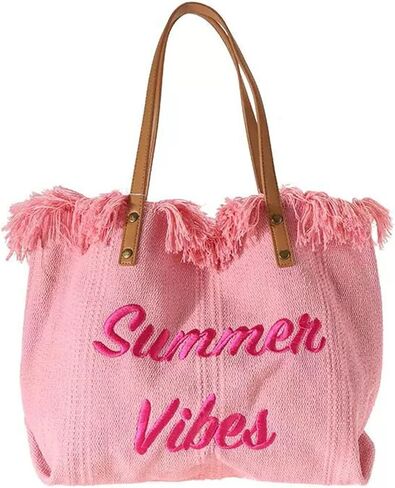 Rong Shop Women Large Beach Canvas Tote Bag Summer Vibes Beach Bag Big Capacity Tassel Handbag in Saudi Arabia