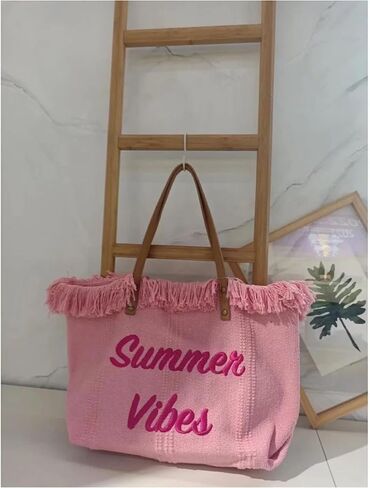 Rong Shop Women Large Beach Canvas Tote Bag Summer Vibes Beach Bag Big Capacity Tassel Handbag in Saudi Arabia