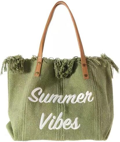 Rong Shop Women Large Beach Canvas Tote Bag Summer Vibes Beach Bag Big Capacity Tassel Handbag in Saudi Arabia