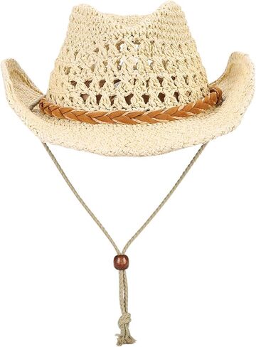 Adults/Kids Straw Cowboy Sun Hat Shapeable Wide Brim Cap Western Style Country UPF 50+ Cap Hollow Breathable Summer Beach Hat in Kuwait