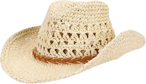 Adults/Kids Straw Cowboy Sun Hat Shapeable Wide Brim Cap Western Style Country UPF 50+ Cap Hollow Breathable Summer Beach Hat in Kuwait