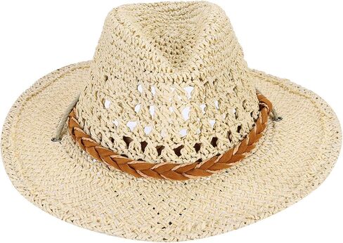 Adults/Kids Straw Cowboy Sun Hat Shapeable Wide Brim Cap Western Style Country UPF 50+ Cap Hollow Breathable Summer Beach Hat in Kuwait
