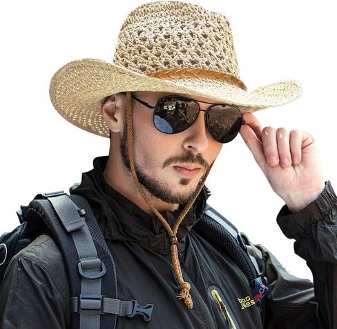 Adults/Kids Straw Cowboy Sun Hat Shapeable Wide Brim Cap Western Style Country UPF 50+ Cap Hollow Breathable Summer Beach Hat in Kuwait