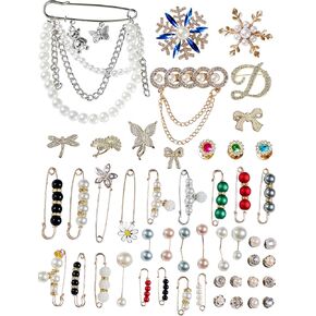 48 Pcs Sock Charms Pearl Brooch pins for Women Clothes, Junk Socks Charms for Socks Safety Pin, Sock Jewelry Gold Charms for Socks DIY (Brooch & Pin 001)
