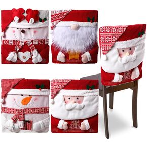 4 Pcs Christmas Chair Back Cover Santa Claus Snowman Reindeer Xmas Dinner Chairs Cover Hat Cover Xmas Chair Slipcover for Dining Room Kitchen Hotel Holiday Party Decor