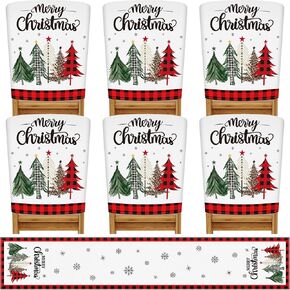 Preboun 7 Pieces Christmas Chair Back Covers Set Christmas Chair Covers with Black Buffalo Plaid Table Runner Dining Chair Slipcover for Xmas Room Kitchen Holiday Party Wedding Hotel Home (Red)
